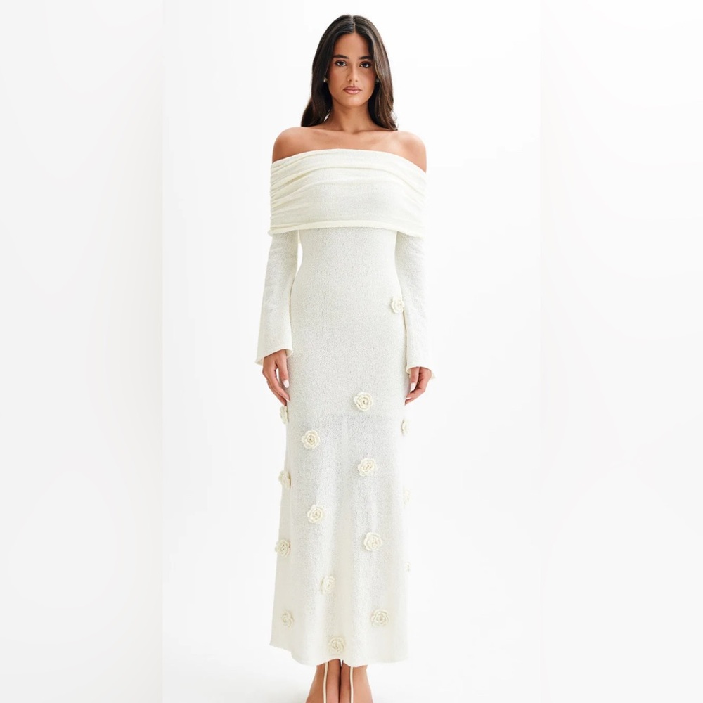 Meshki Kiki Off Shoulder Knit Rose Maxi Dress - Ivory